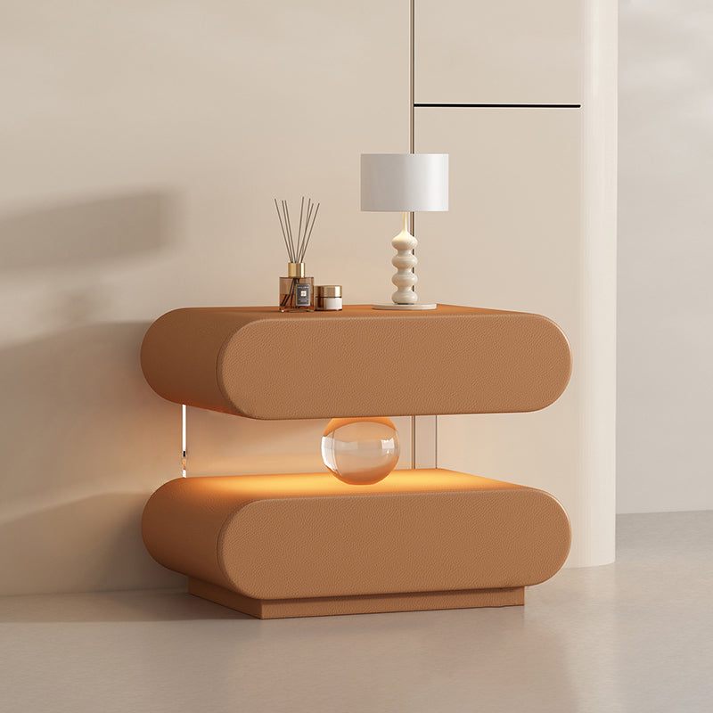 Mesita de Noche Rectangular Ovalada Moderna Minimalista de Madera Maciza con Rascador de Gato de Cuero, Acrílico, Cristal y Sensor de Luz con 2 Cajones para Dormitorio