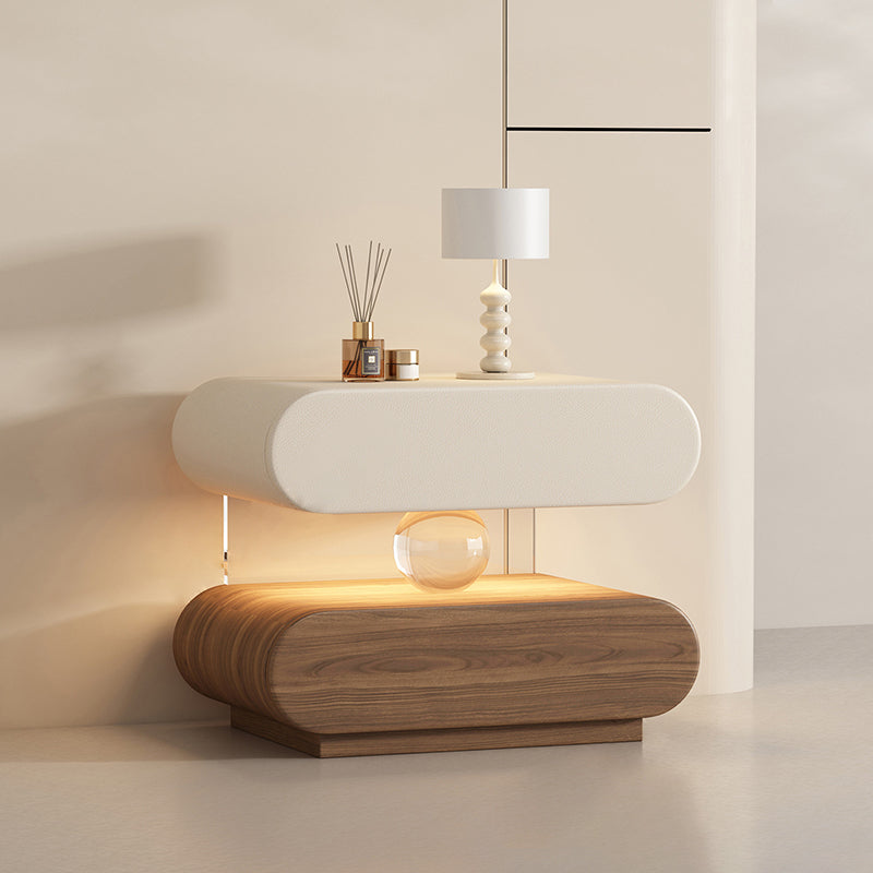 Mesita de Noche Rectangular Ovalada Moderna Minimalista de Madera Maciza con Rascador de Gato de Cuero, Acrílico, Cristal y Sensor de Luz con 2 Cajones para Dormitorio