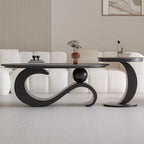 Mesa de centro ovalada contemporánea escandinava con base de acero al carbono y cubierta de piedra para sala de estar