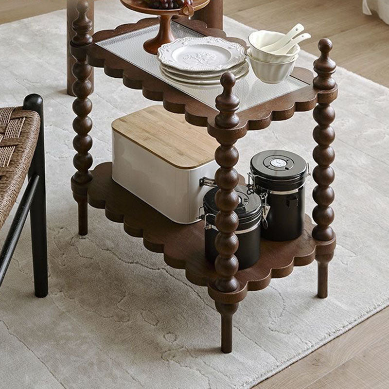 Traditional Vintage Rectangular Fluted Glass Pine Solid Wood Side Table 2-Tier For Living Room
