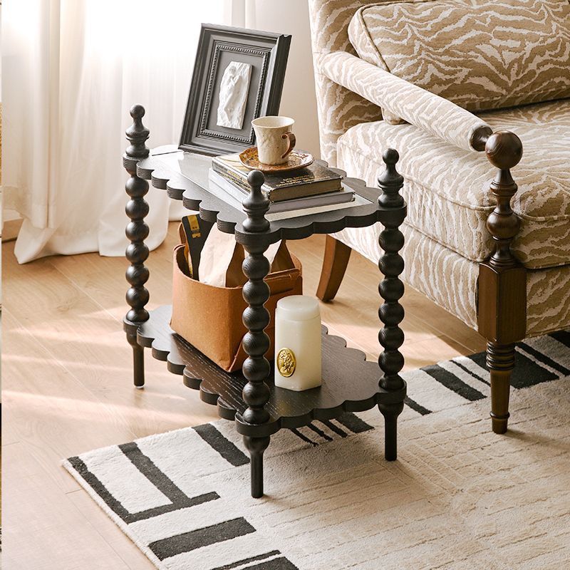 Traditional Vintage Rectangular Fluted Glass Pine Solid Wood Side Table 2-Tier For Living Room