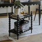 Traditional Vintage Rectangular Fluted Glass Pine Solid Wood Side Table 2-Tier For Living Room