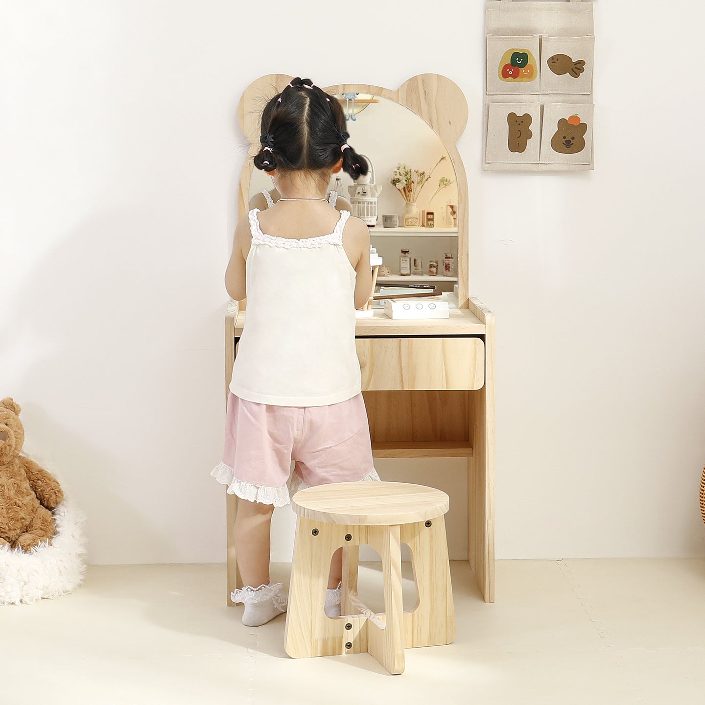 Elegante Juego de Escritorio y Silla Rectangular de Madera de Pino para Niños con 1 Cajón – Muebles de Dormitorio Contemporáneos