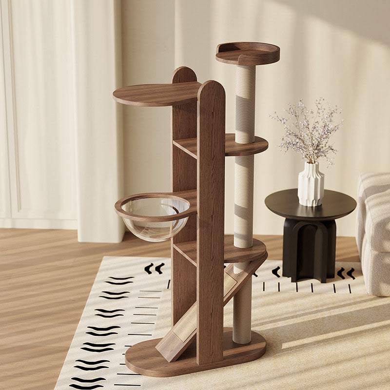 Contemporary Creative Round Rubberwood Solid Wood Acrylic Sisal Cat Tree 4-Tier For Living Room