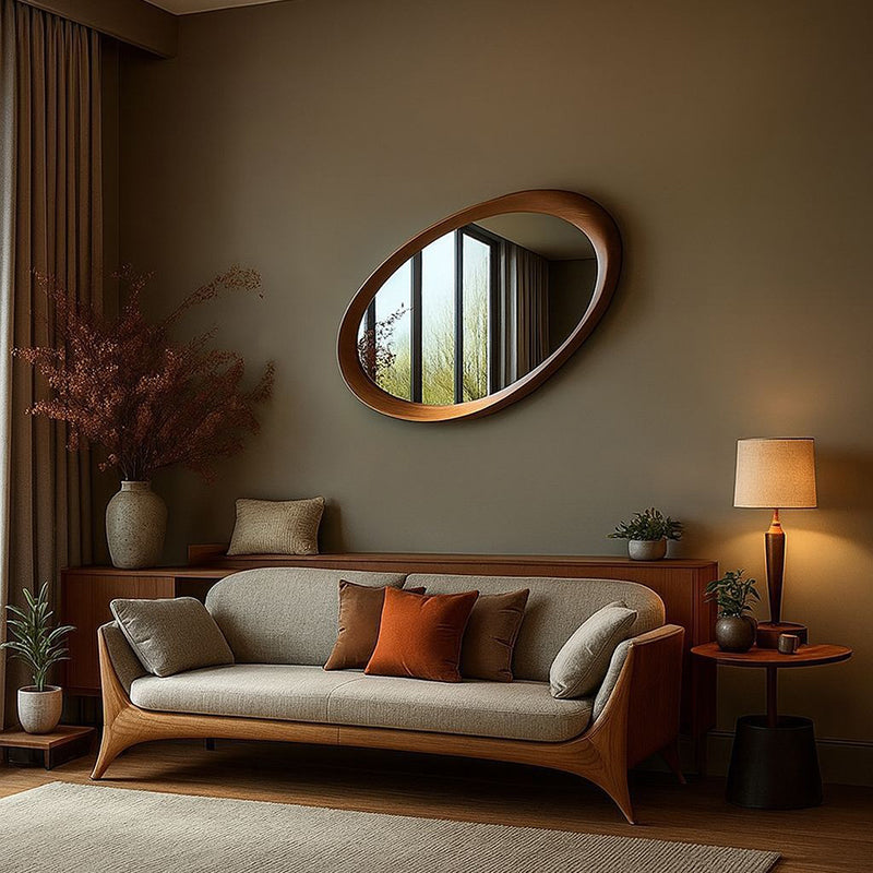 Traditional Vintage Oval Rubberwood Solid Wood Tempered Glass Wall Mirror For Bedroom