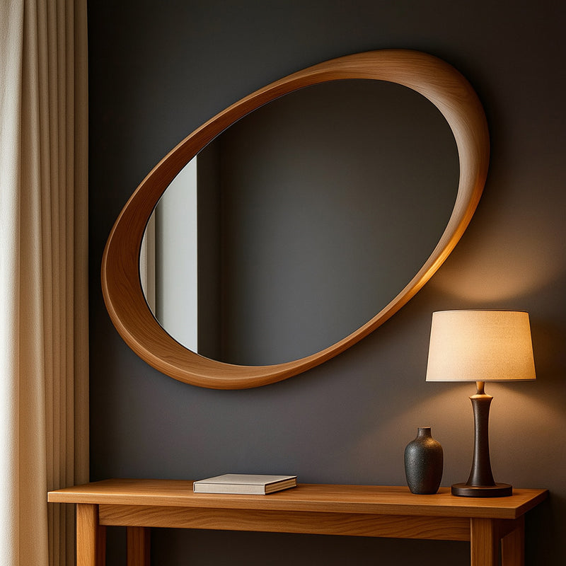 Traditional Vintage Oval Rubberwood Solid Wood Tempered Glass Wall Mirror For Bedroom