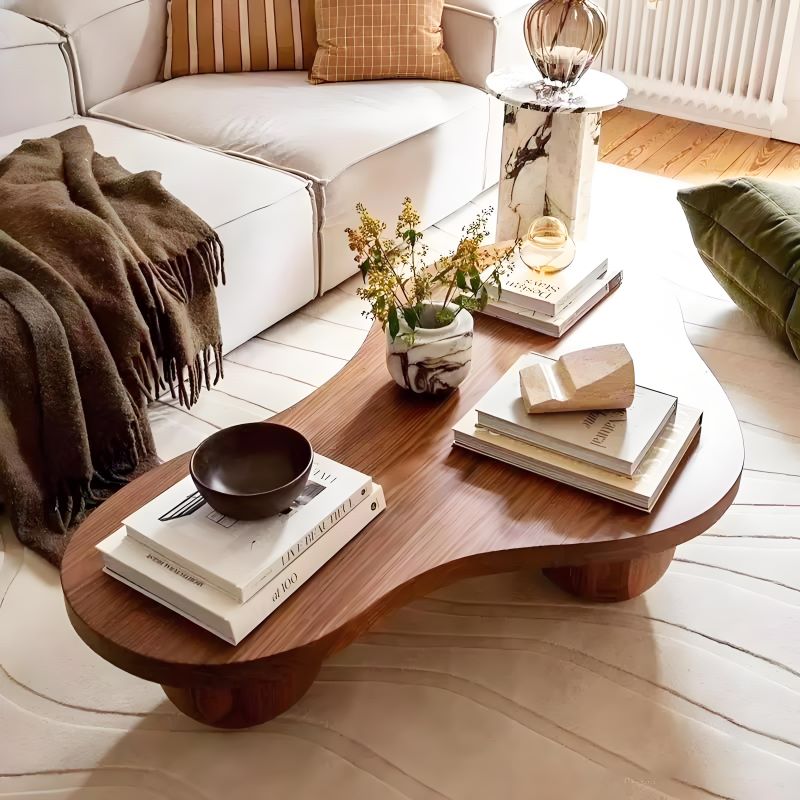 Traditional Vintage Round Cloud-Shaped Solid Pine Wood Carbon Steel Coffee Table For Living Room