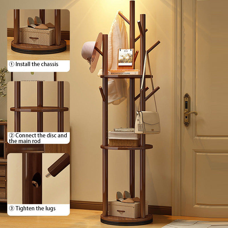 Contemporary Scandinavian Round Tree-Shaped Solid Pine Wood Medium-Density Fiberboard Swivel Hall Tree For Bedroom & Entryways