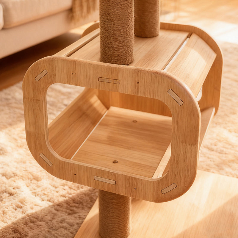 Árbol rascador multifuncional para gatos de madera maciza en capas, acrílico y tela, diseño cuadrado escandinavo contemporáneo para sala de estar