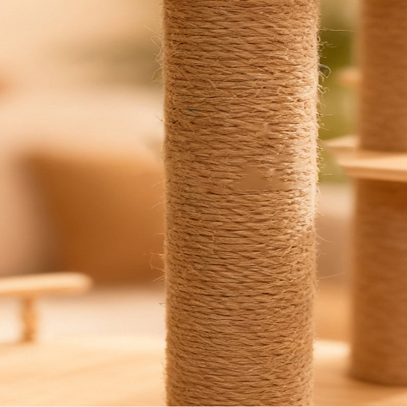 Árbol rascador multifuncional para gatos de madera maciza en capas, acrílico y tela, diseño cuadrado escandinavo contemporáneo para sala de estar