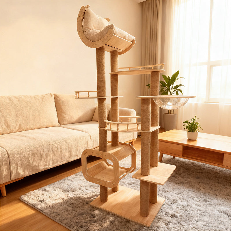Árbol rascador multifuncional para gatos de madera maciza en capas, acrílico y tela, diseño cuadrado escandinavo contemporáneo para sala de estar