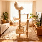 Árbol rascador multifuncional para gatos de madera maciza en capas, acrílico y tela, diseño cuadrado escandinavo contemporáneo para sala de estar