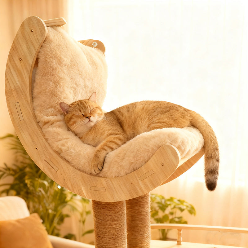 Árbol rascador multifuncional para gatos de madera maciza en capas, acrílico y tela, diseño cuadrado escandinavo contemporáneo para sala de estar