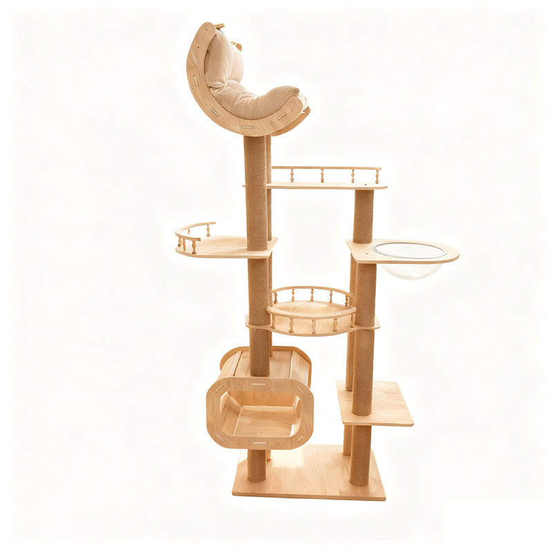 Árbol rascador multifuncional para gatos de madera maciza en capas, acrílico y tela, diseño cuadrado escandinavo contemporáneo para sala de estar
