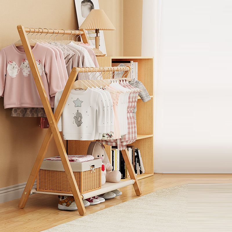 Perchero infantil plegable de bambú natural Nan con forma de X rectangular, estilo escandinavo contemporáneo, de 3 niveles, para dormitorio