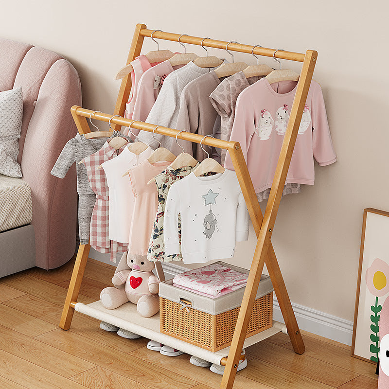 Perchero infantil plegable de bambú natural Nan con forma de X rectangular, estilo escandinavo contemporáneo, de 3 niveles, para dormitorio