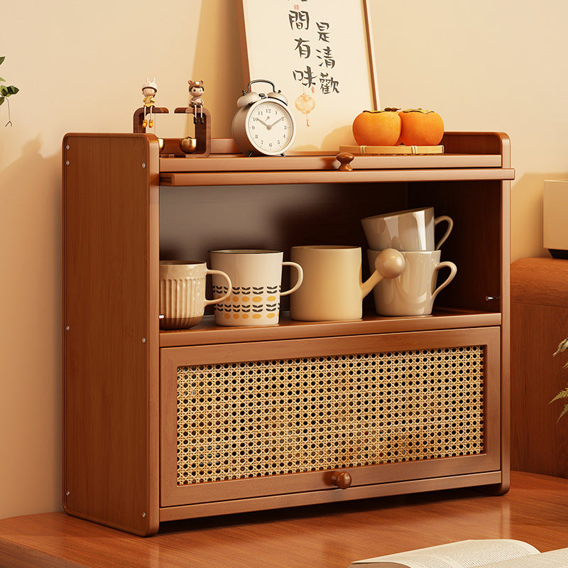 Contemporary Scandinavian Rectangular Nan Bamboo Medium-Density Fiberboard Acrylic PE Rattan Desktop Storage Shelf 2/3-Tier For Bedroom