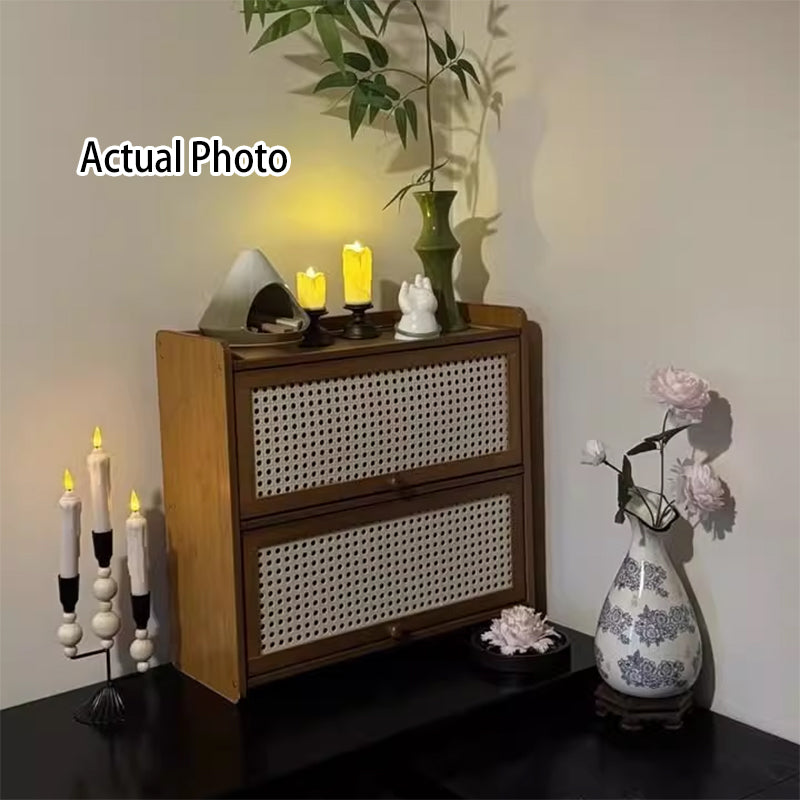 Contemporary Scandinavian Rectangular Nan Bamboo Medium-Density Fiberboard Acrylic PE Rattan Desktop Storage Shelf 2/3-Tier For Bedroom