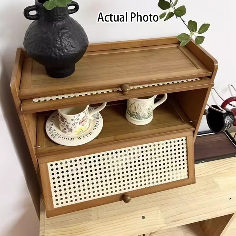 Contemporary Scandinavian Rectangular Nan Bamboo Medium-Density Fiberboard Acrylic PE Rattan Desktop Storage Shelf 2/3-Tier For Bedroom