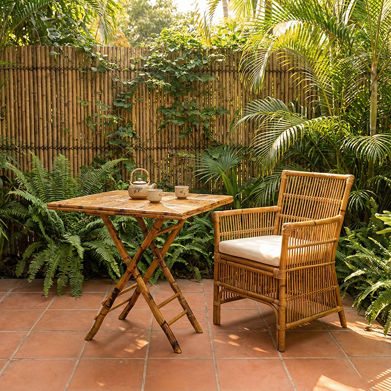 Traditional Vintage Round Square Solid Wood Bamboo Outdoor Dining Table 2-Leg Foldable For Garden