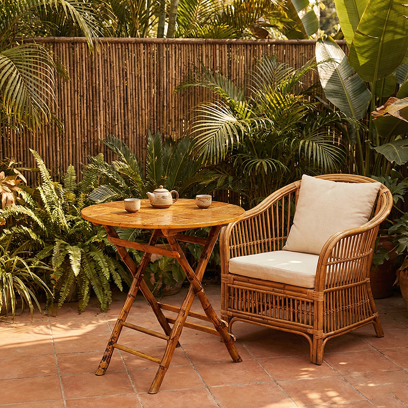 Traditional Vintage Round Square Solid Wood Bamboo Outdoor Dining Table 2-Leg Foldable For Garden