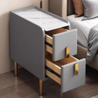 Mesita de Noche Rectangular Estrecha de Cuero Sintético y Madera Maciza con Acero al Carbono, Estilo Nórdico Contemporáneo, con 2 Cajones para Dormitorio