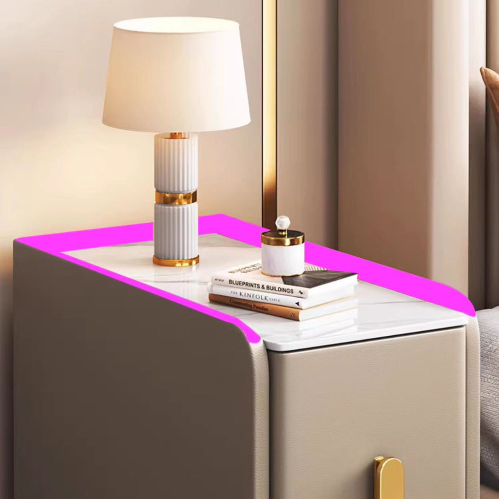 Mesita de Noche Rectangular Estrecha de Cuero Sintético y Madera Maciza con Acero al Carbono, Estilo Nórdico Contemporáneo, con 2 Cajones para Dormitorio
