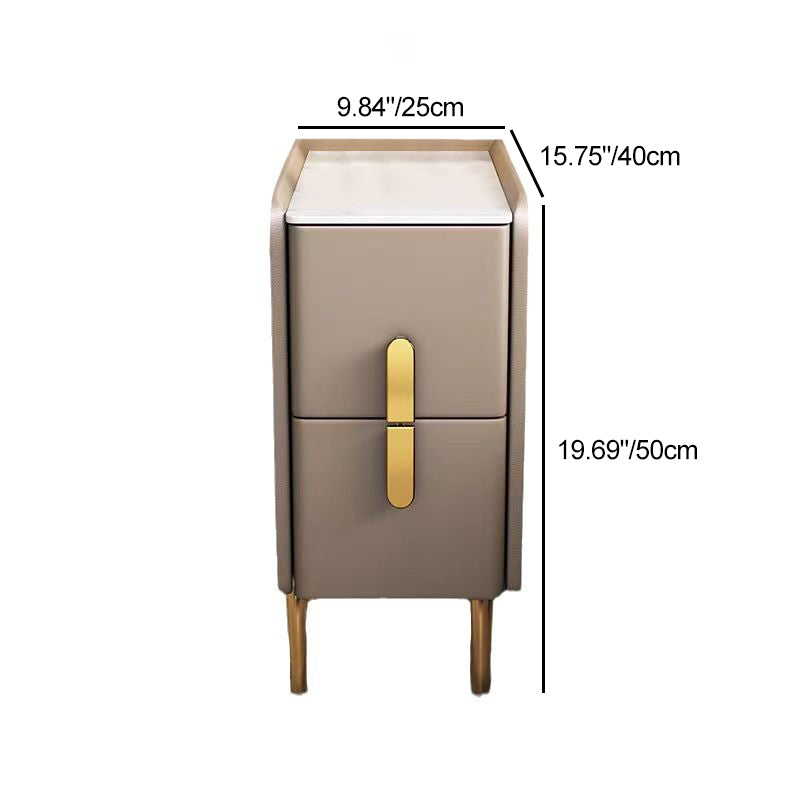 Mesita de Noche Rectangular Estrecha de Cuero Sintético y Madera Maciza con Acero al Carbono, Estilo Nórdico Contemporáneo, con 2 Cajones para Dormitorio