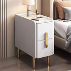 Mesita de Noche Rectangular Estrecha de Cuero Sintético y Madera Maciza con Acero al Carbono, Estilo Nórdico Contemporáneo, con 2 Cajones para Dormitorio