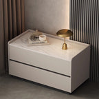 Modern Minimalist Slab Solid Wood & Microfiber Leather Rectangular Nightstand With 2 Drawers For Bedroom