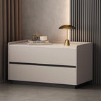 Modern Minimalist Slab Solid Wood & Microfiber Leather Rectangular Nightstand With 2 Drawers For Bedroom