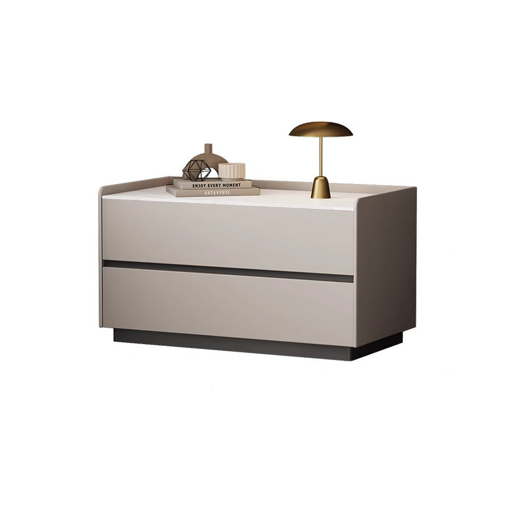 Modern Minimalist Slab Solid Wood & Microfiber Leather Rectangular Nightstand With 2 Drawers For Bedroom