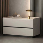 Modern Minimalist Slab Solid Wood & Microfiber Leather Rectangular Nightstand With 2 Drawers For Bedroom