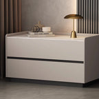 Modern Minimalist Slab Solid Wood & Microfiber Leather Rectangular Nightstand With 2 Drawers For Bedroom
