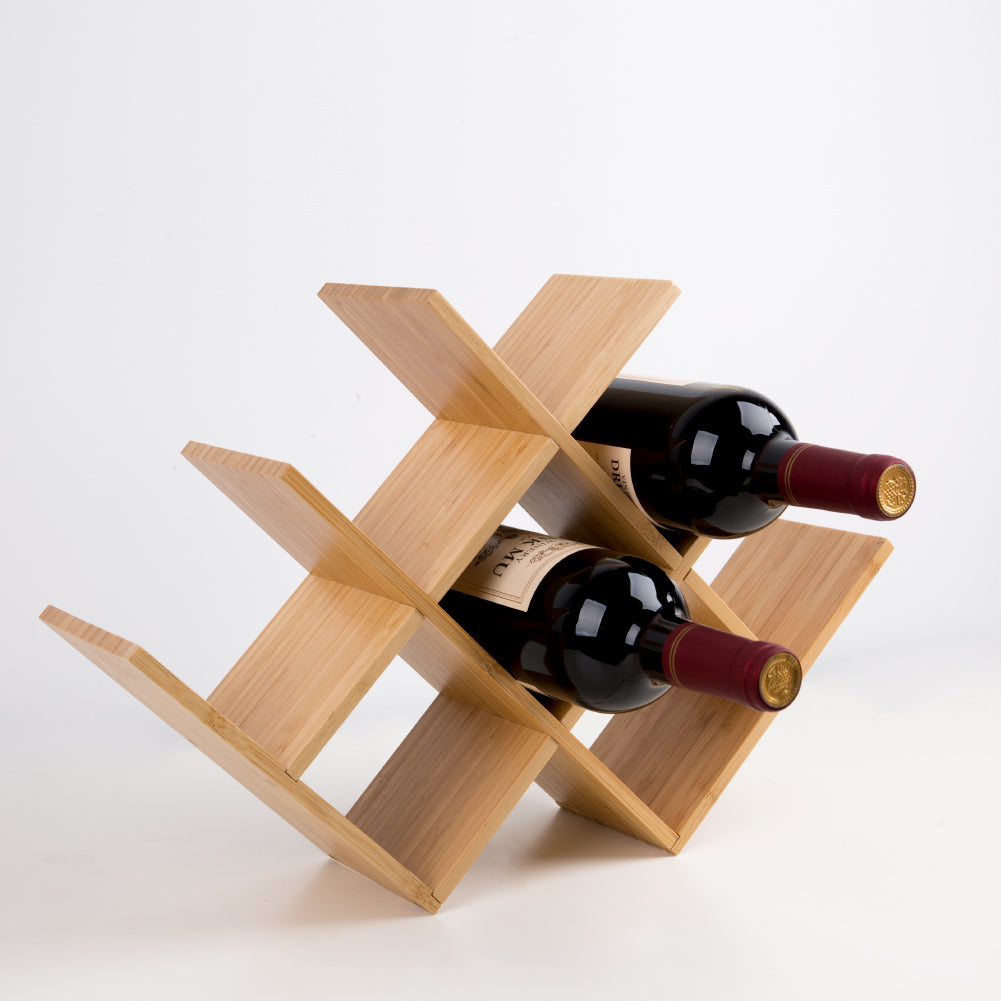 Botellero minimalista de bambú en forma de W para 8 botellas - Expositor de encimera para cocina