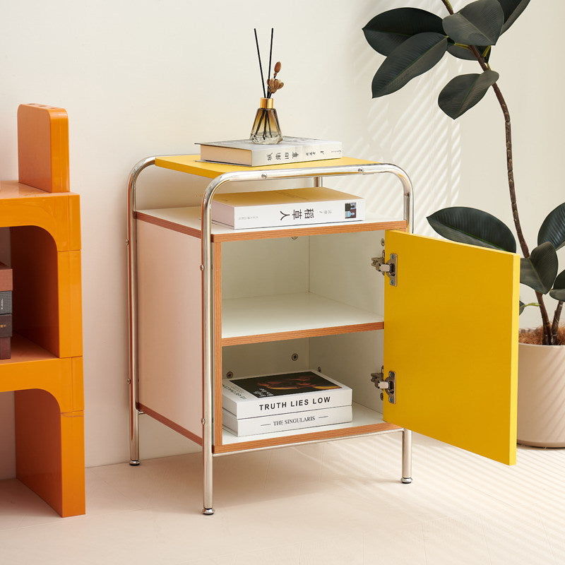 Mesita de noche contemporánea nórdica rectangular de madera y acero inoxidable con 1 cajón para dormitorio