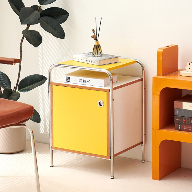 Mesita de noche contemporánea nórdica rectangular de madera y acero inoxidable con 1 cajón para dormitorio
