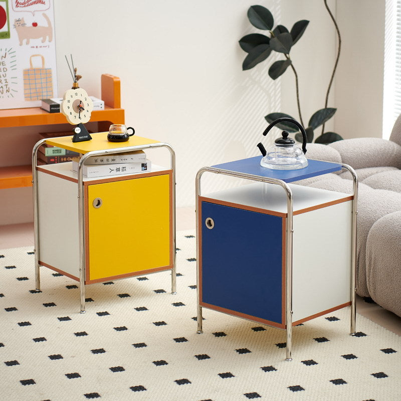 Mesita de noche contemporánea nórdica rectangular de madera y acero inoxidable con 1 cajón para dormitorio