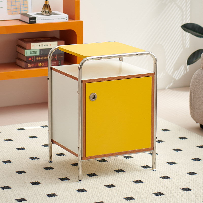 Mesita de noche contemporánea nórdica rectangular de madera y acero inoxidable con 1 cajón para dormitorio