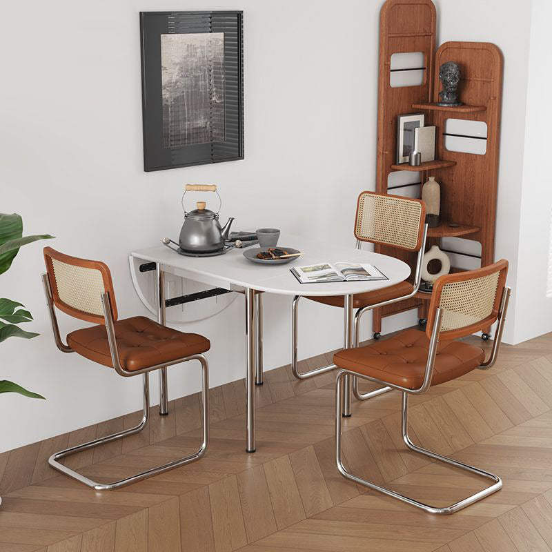 Mesa de comedor moderna minimalista plegable ovalada de madera y acero inoxidable con tablero de melamina para 4 personas