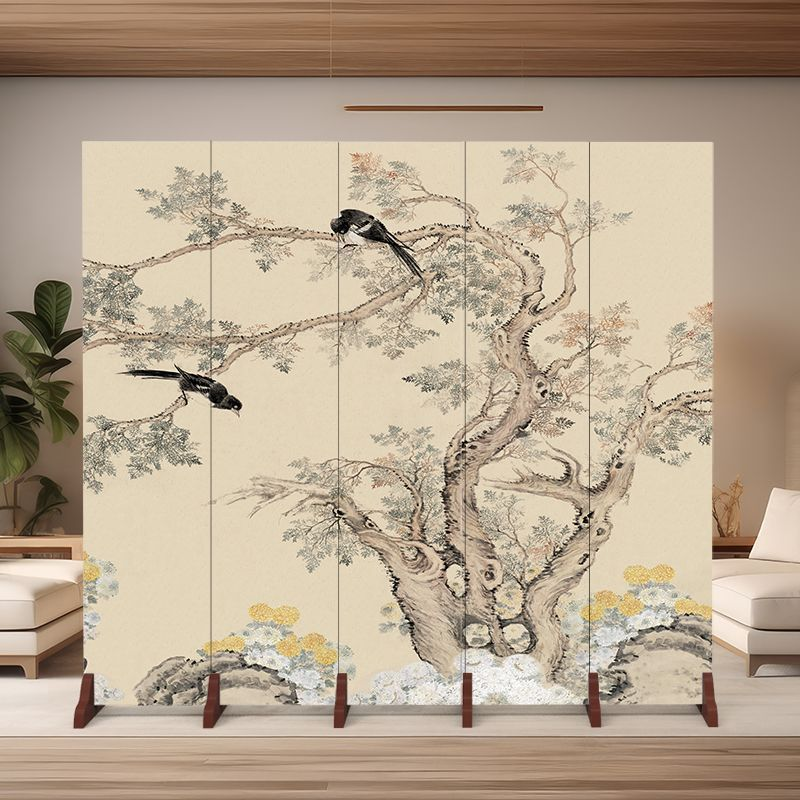 Traditional French Rectangular Fir Wood Solid Wood Plywood Cotton Canvas Floral And Bird Motif Room Divider For Living Room