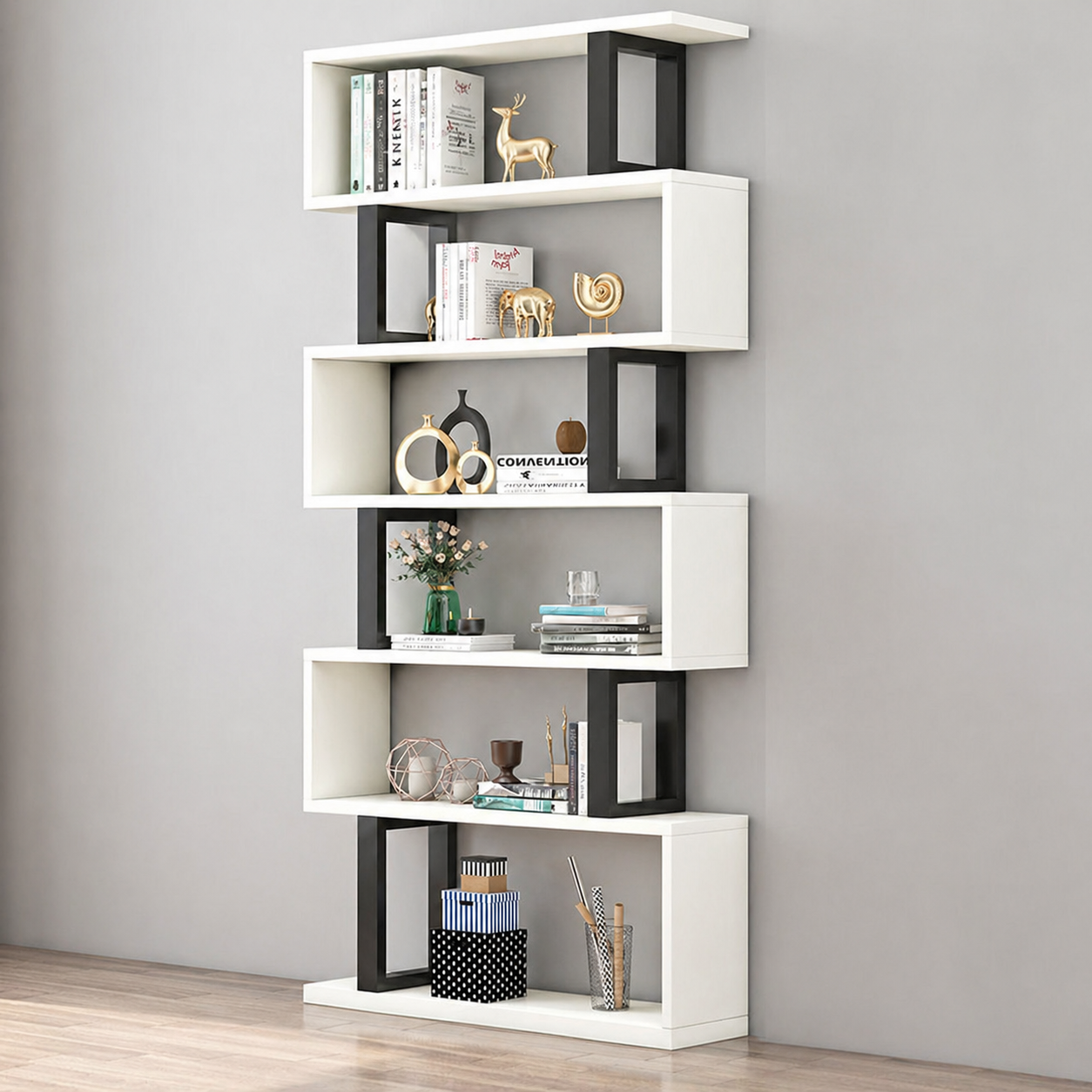 Contemporary Scandinavian Geometric Vertical MDF Steel Bookshelves 3/4/5/6-Tier Open Back Design Standing Shelves For Home Office
