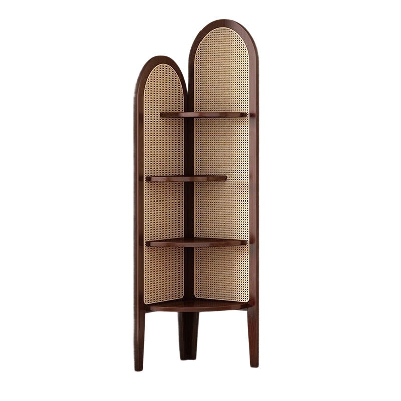 Traditional Chinese Fan-shaped Curved Nan Bamboo Rattan Weaving Corner Shelf Unit 4-Tier For Living Room
