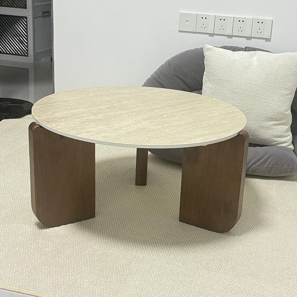 Mesa de centro redonda moderna minimalista de piedra sinterizada y madera maciza para sala de estar