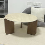 Mesa de centro redonda moderna minimalista de piedra sinterizada y madera maciza para sala de estar