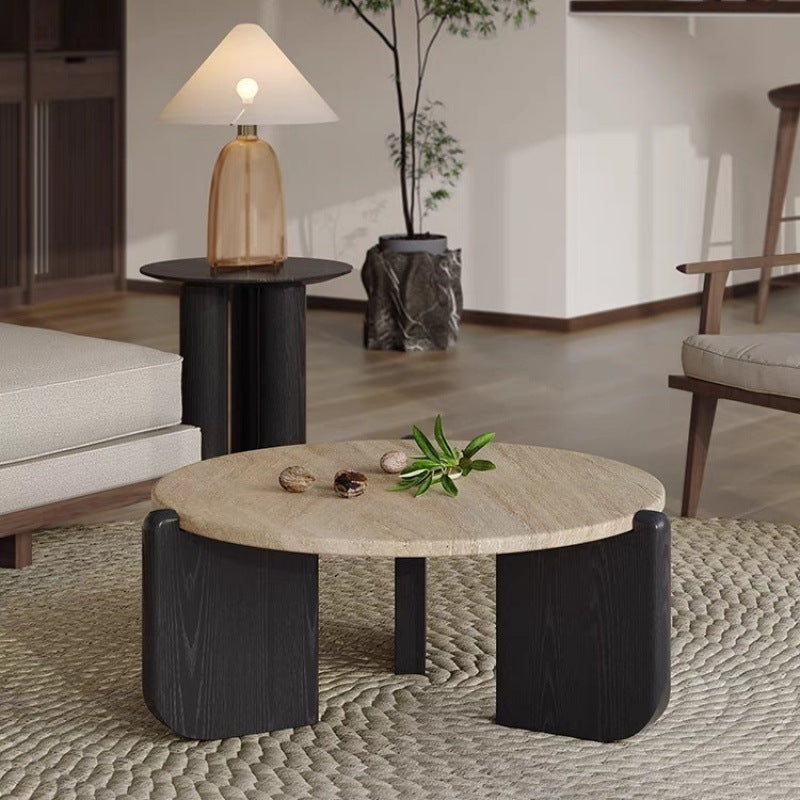 Mesa de centro redonda moderna minimalista de piedra sinterizada y madera maciza para sala de estar