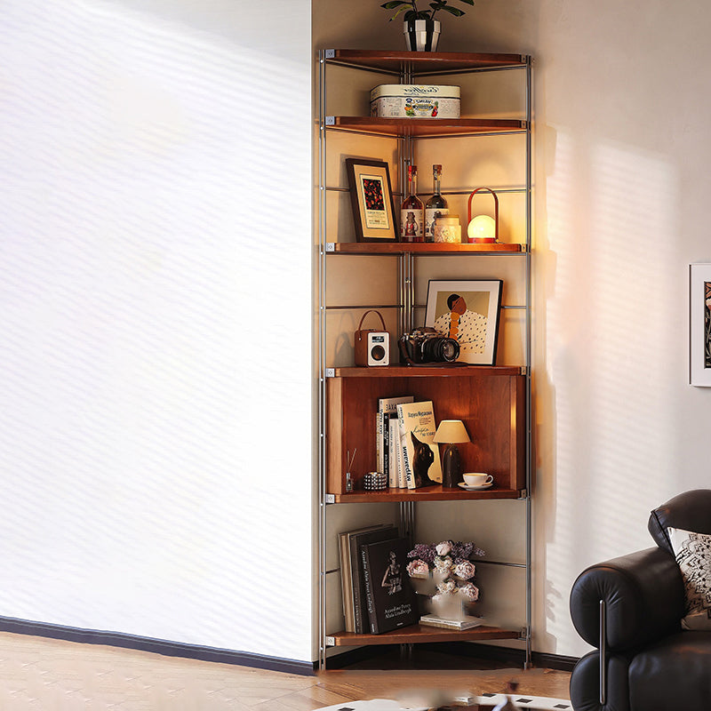 Contemporary Retro Fan-shaped Particle Board Stainless Steel Corner Shelf Unit 4/5-Tier For Living Room