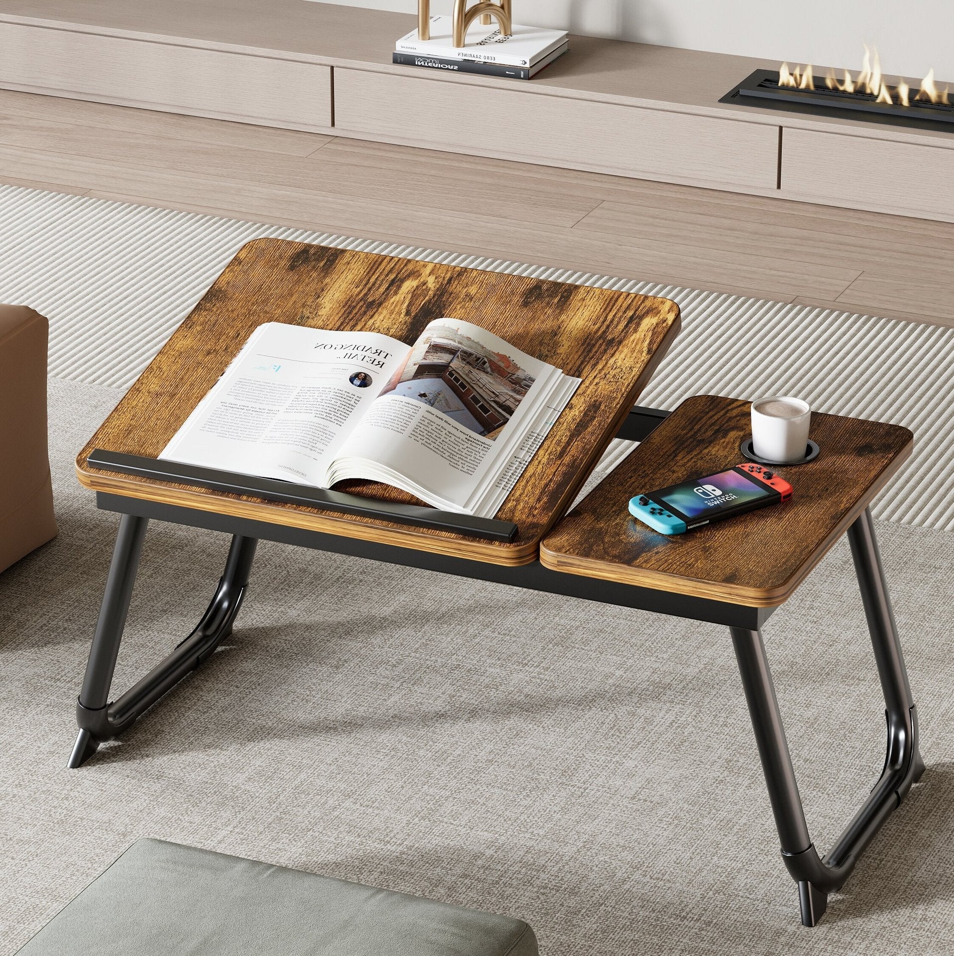 Contemporary Nordic Carbon Steel MDF Rectangular Desks Foldable Angle Adjustable 2-Tray Saucer For Study