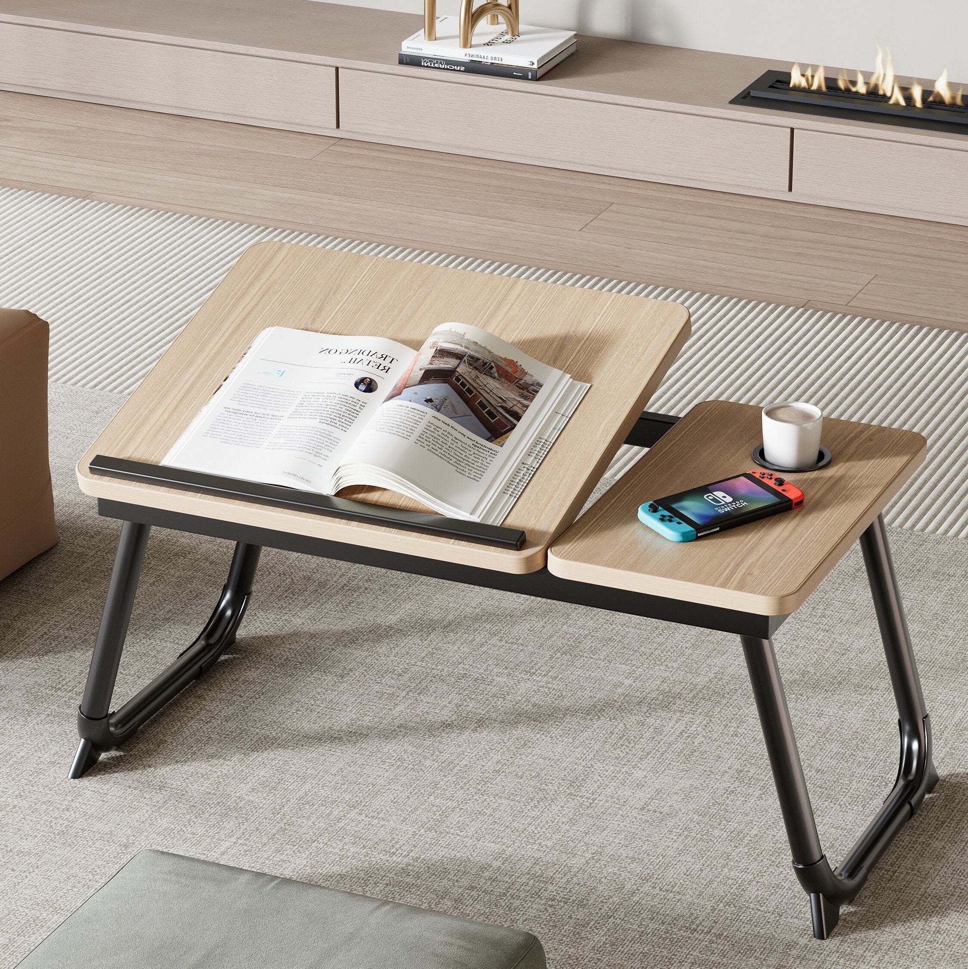 Contemporary Nordic Carbon Steel MDF Rectangular Desks Foldable Angle Adjustable 2-Tray Saucer For Study