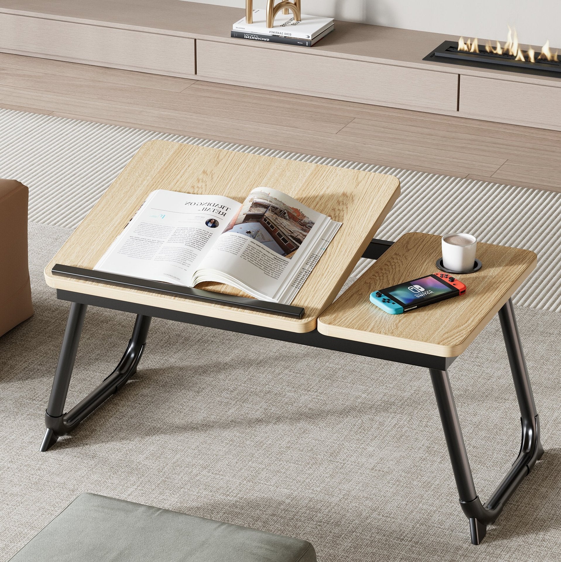 Contemporary Nordic Carbon Steel MDF Rectangular Desks Foldable Angle Adjustable 2-Tray Saucer For Study
